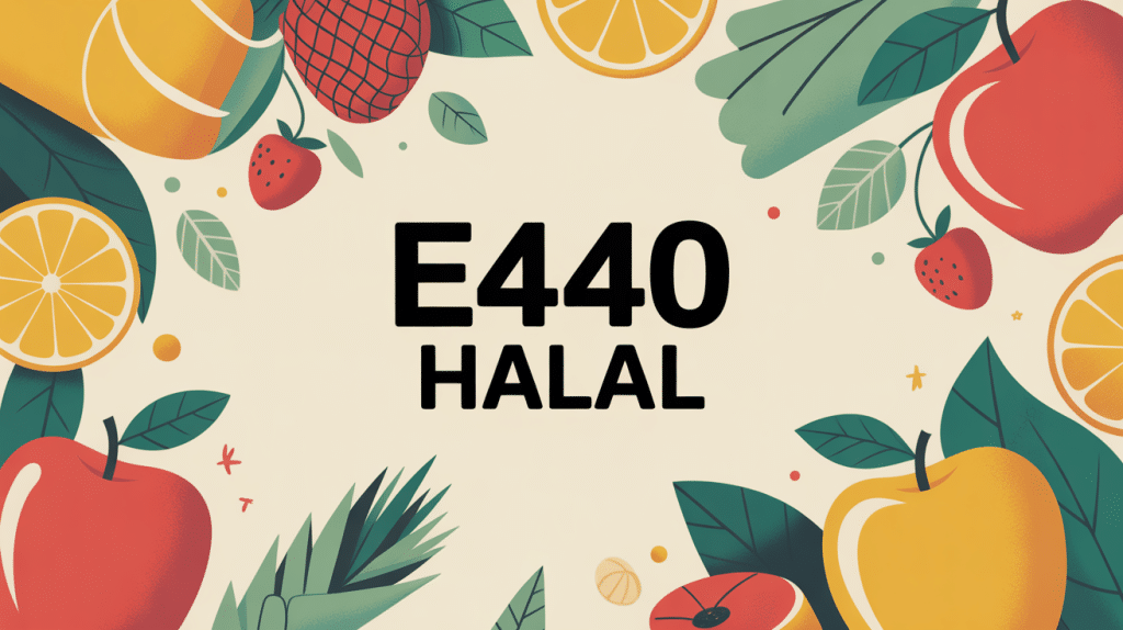 e440 halal étiquette avec fruits et titre