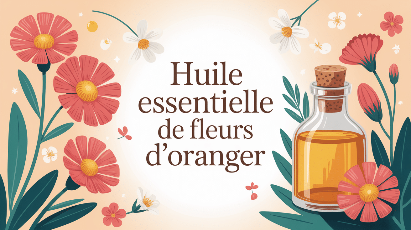 huile essentielle de fleurs d'oranger flacon et fleurs illustration
