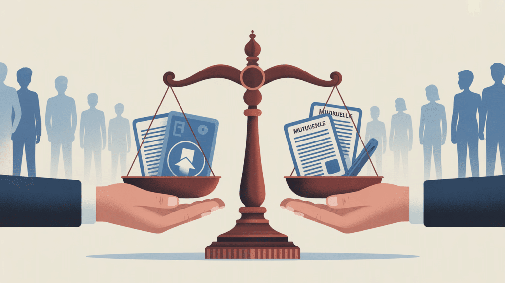 Illustration poursuite judiciaire mutuelle balance justice documents