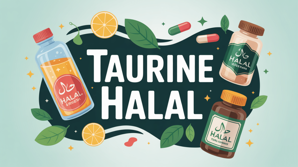 illustration taurine halal avec boissons, gélules et label