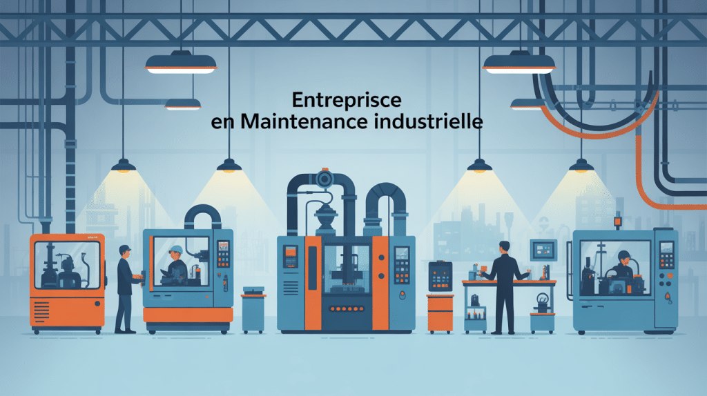 Illustration entreprise en maintenance industrielle, techniciens usine