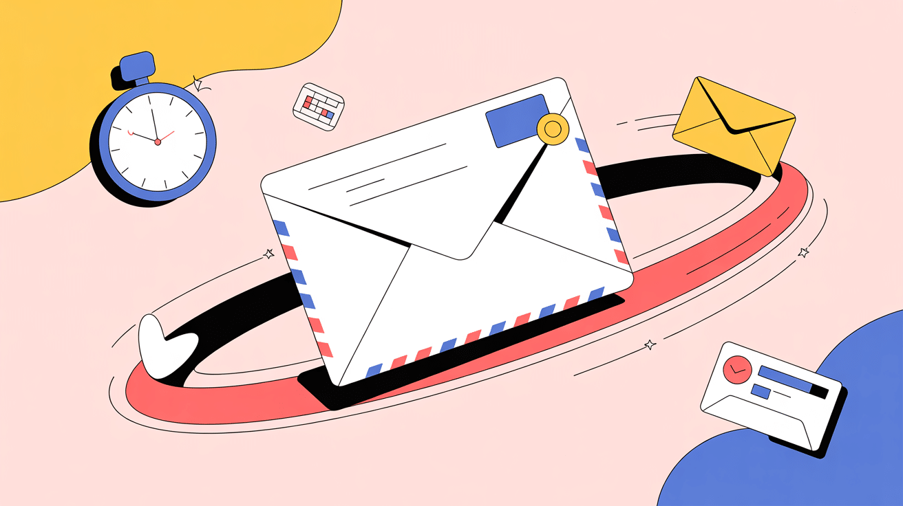 Illustration délai lettre recommandée avec montre et boîte aux lettres