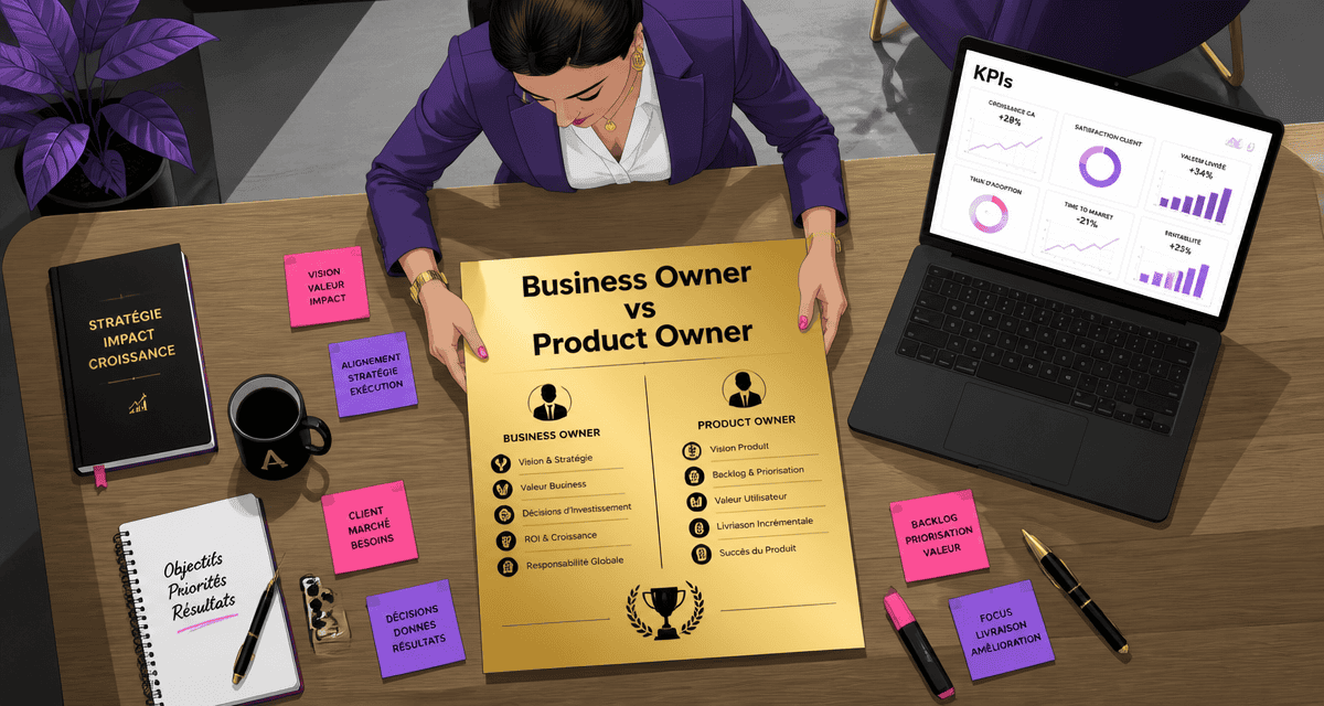 business owner pose un document stratégique sur un bureau moderne