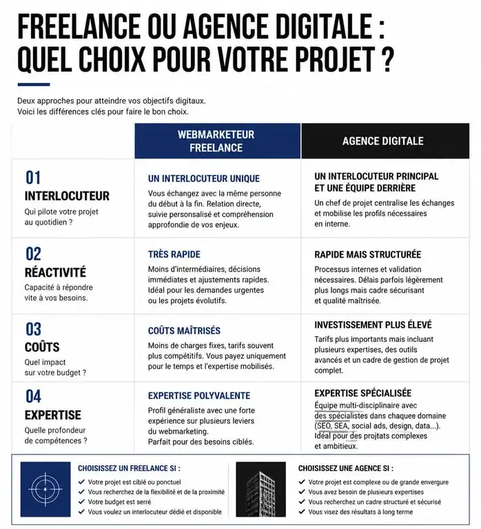 Comparatif webmarketing freelance vs agence digitale pour choisir son partenaire de croissance