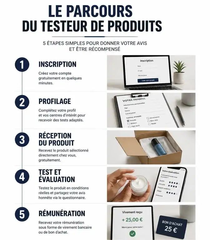 Parcours du testeur de produit rémunéré : étapes de l'inscription à la rémunération