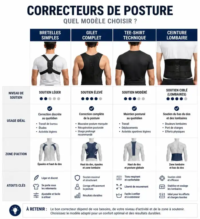 Infographie comparative des différents types de correcteurs de posture pour choisir le meilleur modèle