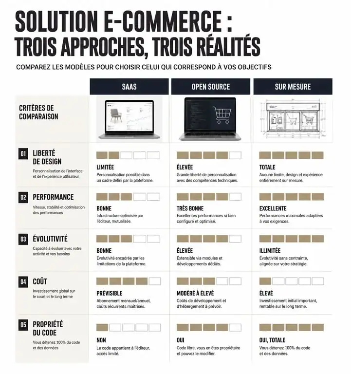 Infographie comparative des solutions e-commerce : SaaS, Open Source et site e-commerce sur mesure