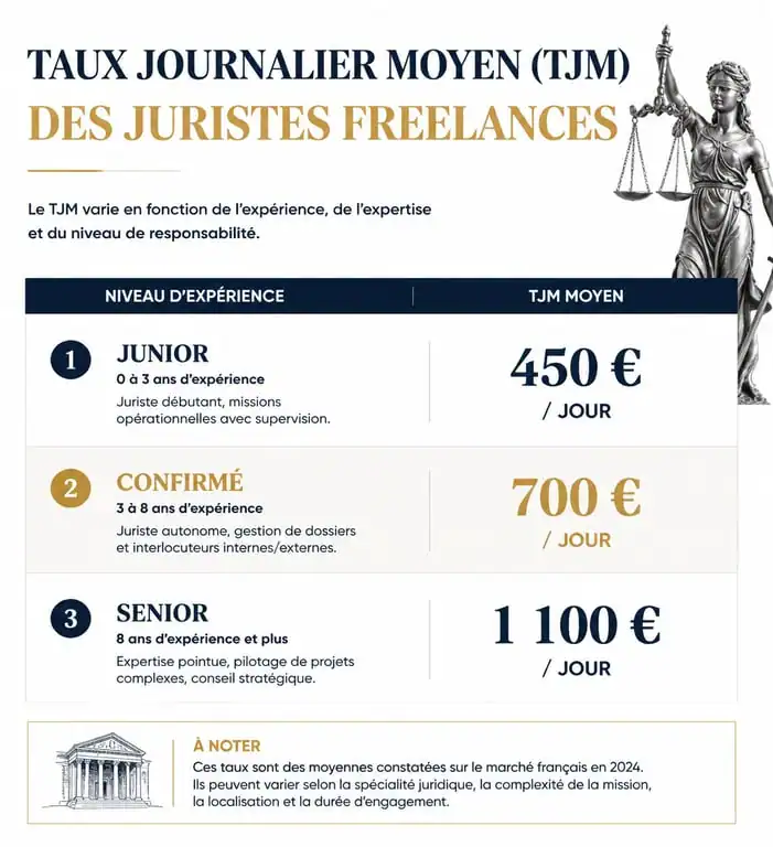 Infographie des tarifs journaliers moyens (TJM) pour juriste freelance selon l'expérience
