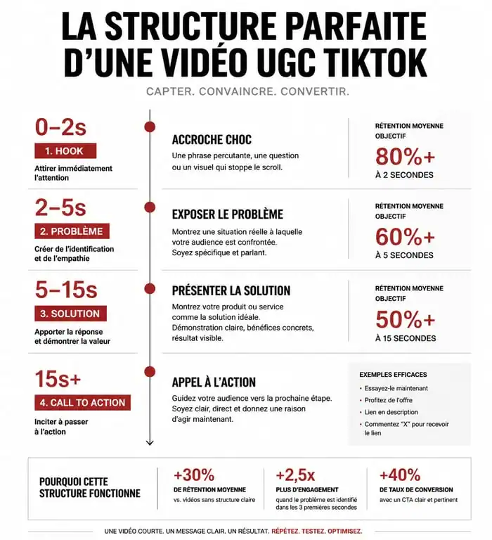 Infographie de la structure d'une vidéo UGC TikTok efficace pour le marketing