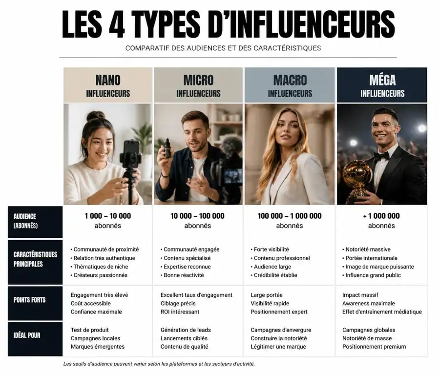 Infographie comparative des types d'influenceurs : nano, micro, macro et méga influenceur