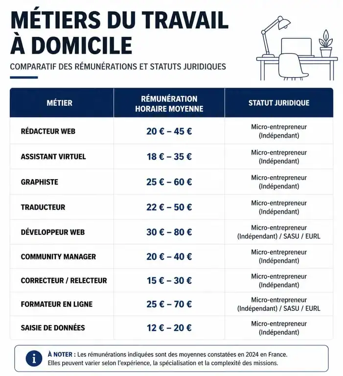 Tableau comparatif des métiers et rémunérations pour un travail à domicile sérieux et rémunéré