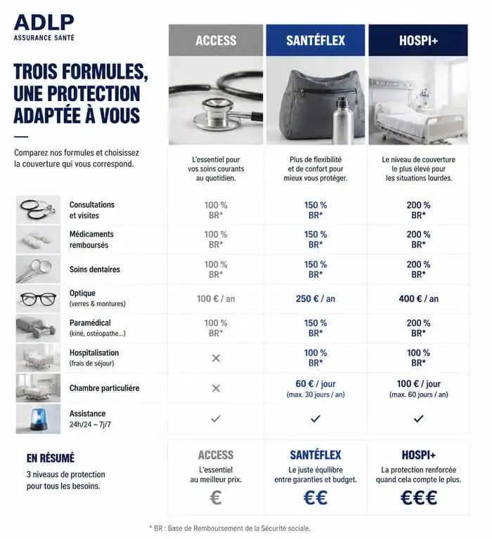 Infographie comparative des garanties des contrats d'assurance santé ADLP Assurances