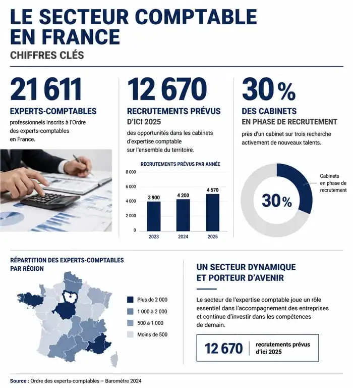 Infographie des chiffres clés du marché de l'expertise comptable en France pour une formation comptable Studi