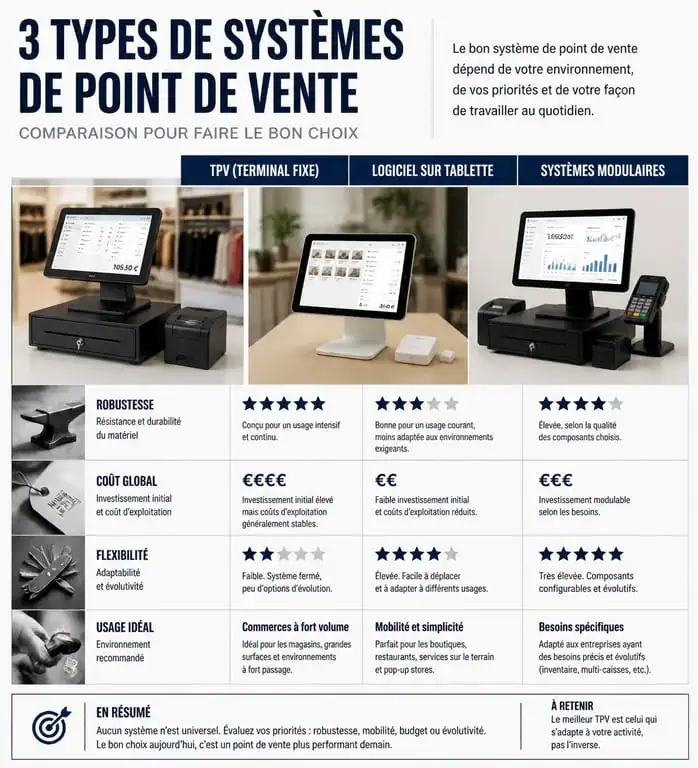 Comparatif des solutions de caisse enregistreuse pour commerce de détail : TPV, tablette et système modulaire
