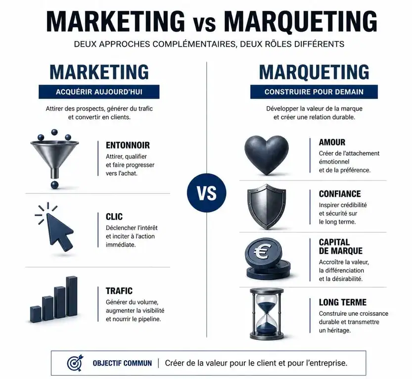 Infographie comparative entre marketing et marqueting pour la gestion de marque