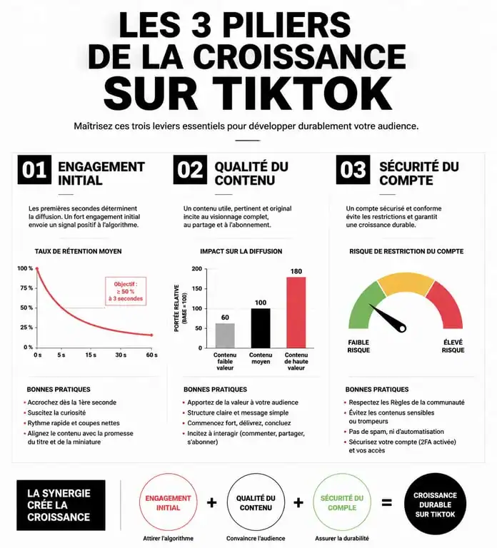 Infographie sur la stratégie de croissance et l'obtention de likes TikTok pour améliorer la visibilité.