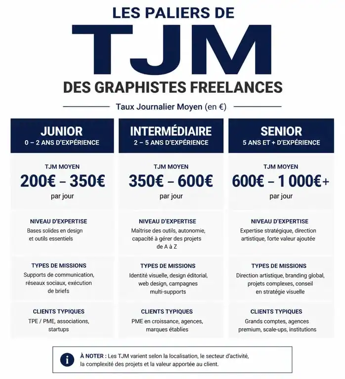Infographie des TJM moyens pour graphiste freelance selon l'expérience