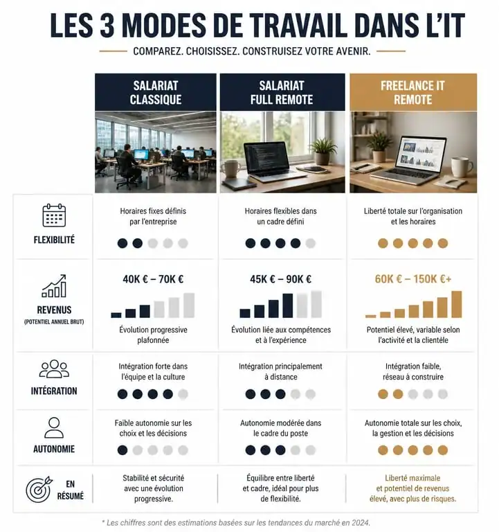 Comparatif des modes de travail IT remote : salariat vs freelance