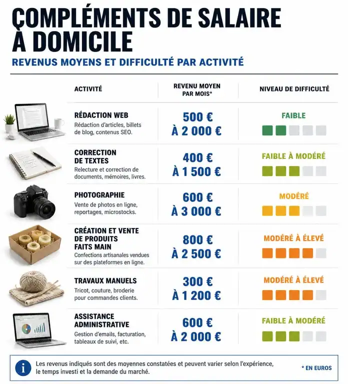 Tableau comparatif des revenus et difficultés pour un complément de salaire à la maison