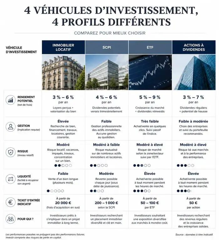 Comparatif des véhicules d'investissement pour devenir rentier : immobilier, SCPI, ETF et actions