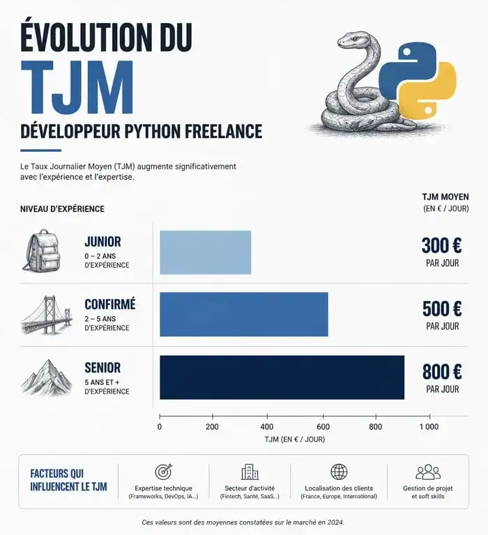 Infographie du TJM moyen pour développeur Python freelance selon l'expérience