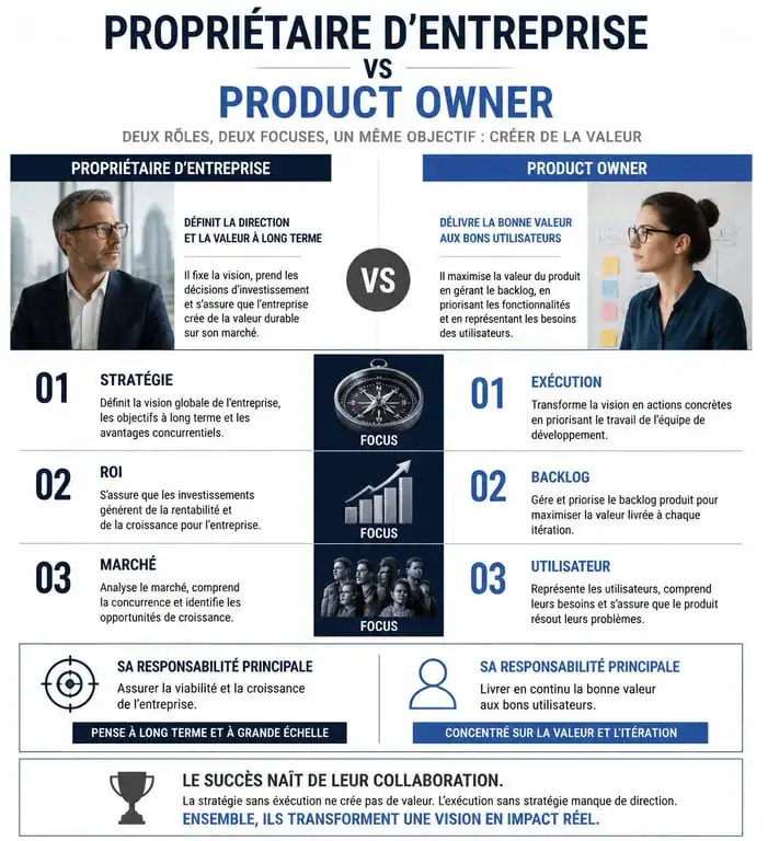 Infographie comparative des rôles de Business Owner et Product Owner