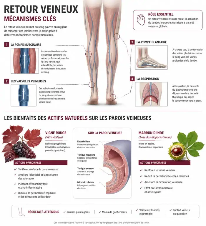 Infographie sur les bienfaits des compléments alimentaires pour la circulation sanguine et le retour veineux