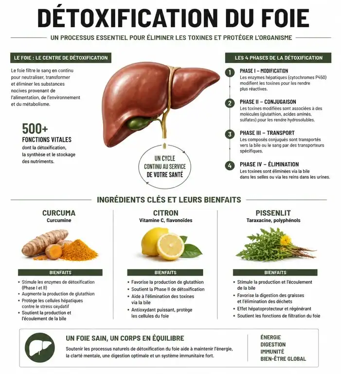 Infographie des bienfaits des ingrédients naturels pour une cure de jus detox pour le foie