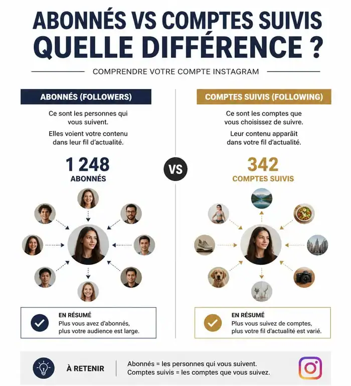 Infographie comparative : différence entre abonnés et suivi Instagram