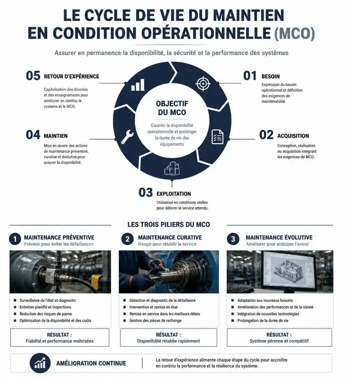 Schéma explicatif du Maintien en Condition Opérationnelle (MCO) et de ses trois piliers de maintenance