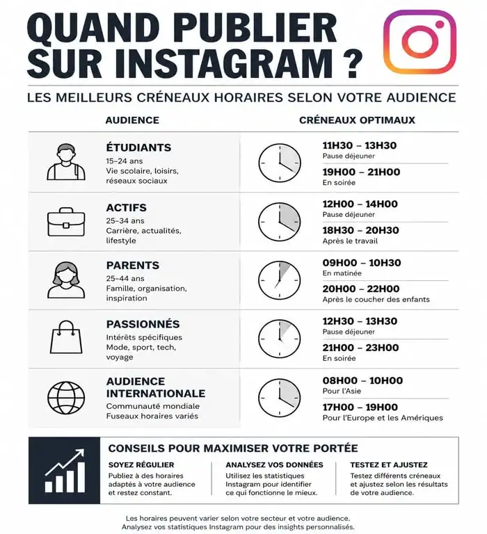 Infographie des meilleurs horaires pour publier sur Instagram pour maximiser l'engagement