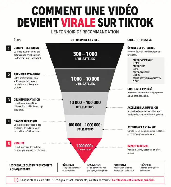 Schéma explicatif du fonctionnement de l'algorithme TikTok et du processus de diffusion des vidéos