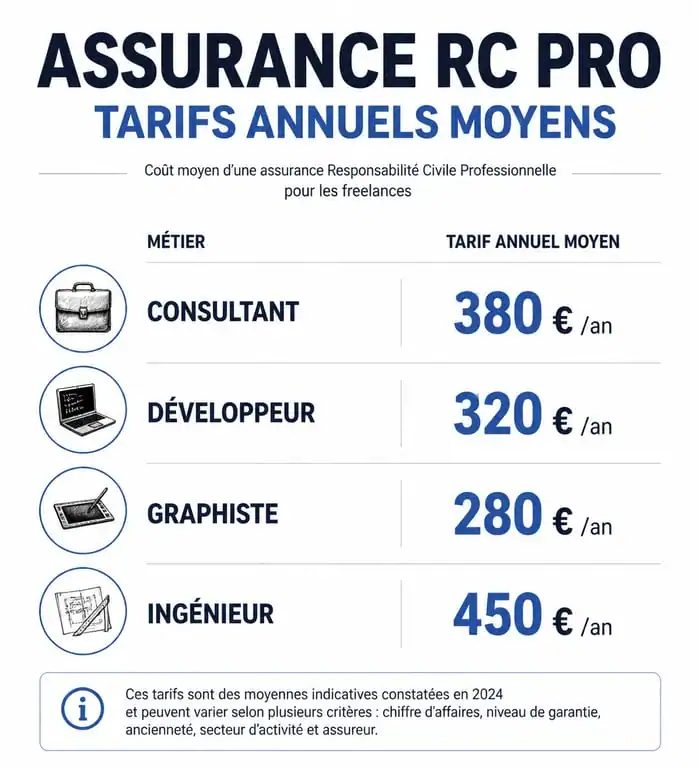 Infographie des tarifs annuels moyens de l'assurance RC Pro pour freelances par secteur d'activité