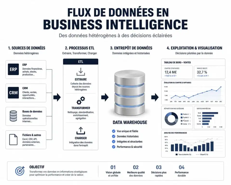 Schéma du processus de Business Intelligence : de la collecte des données à la visualisation décisionnelle