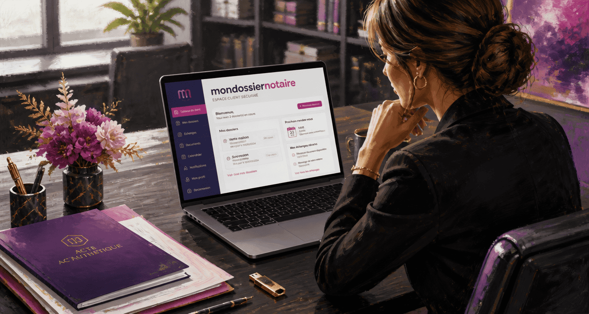Femme utilisant mondossiernotaire sur ordinateur