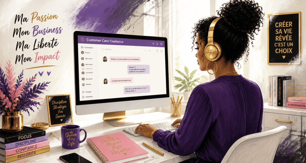 freelance service client femme bureau casque