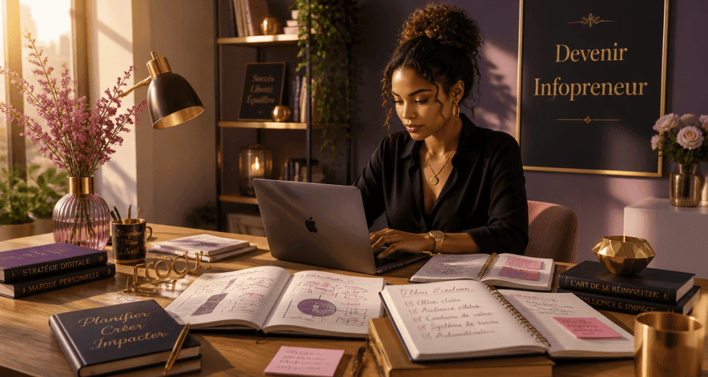 Femme infopreneur concentrée sur bureau