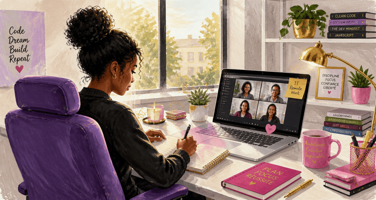IT remote work développeuse concentrée visioconférence