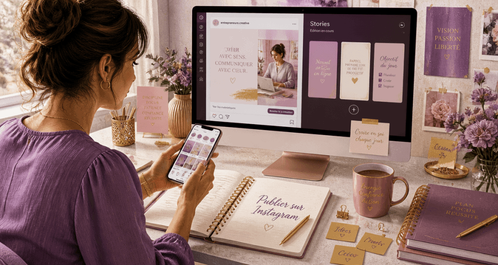 publier sur instagram jeune femme entrepreneure bureau moderne