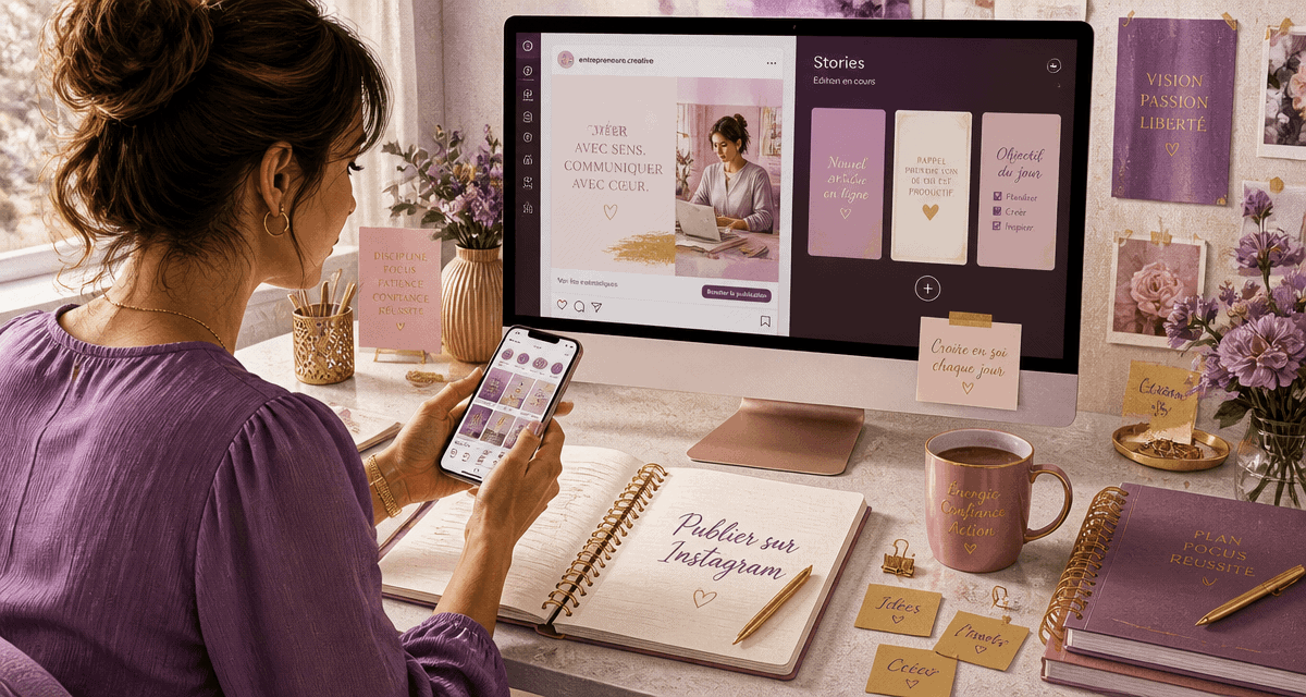 publier sur instagram jeune femme entrepreneure bureau moderne