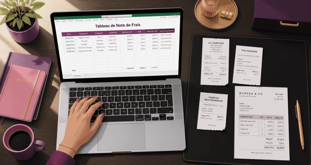 tableau note de frais sur ordinateur avec justificatifs