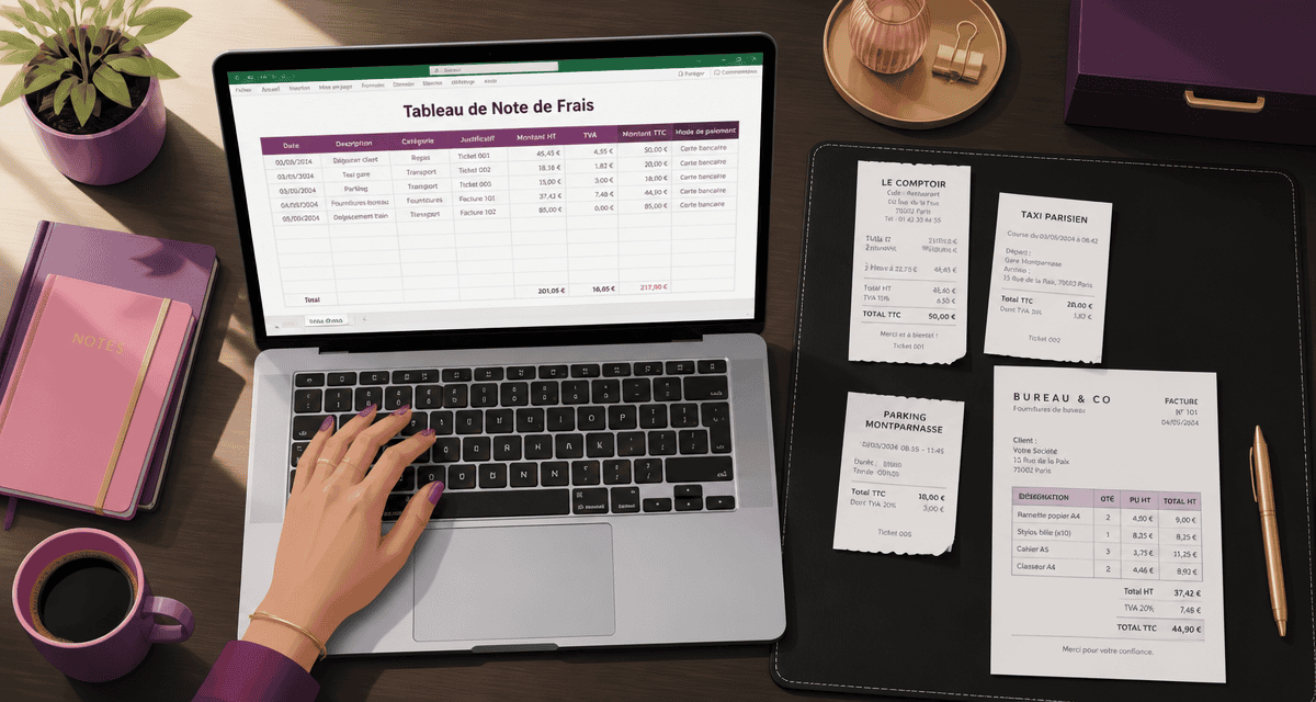 tableau note de frais sur ordinateur avec justificatifs