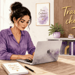 travail en ligne à domicile femme ordinateur salon