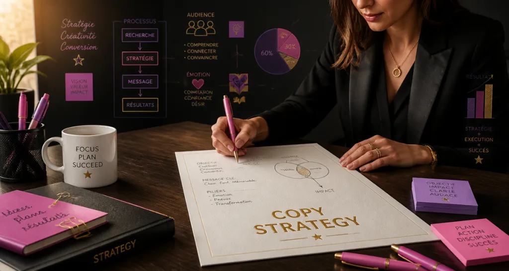 Femme écrivant copy strategies sur bureau élégant