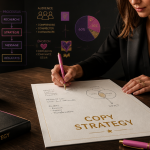 Femme écrivant copy strategies sur bureau élégant