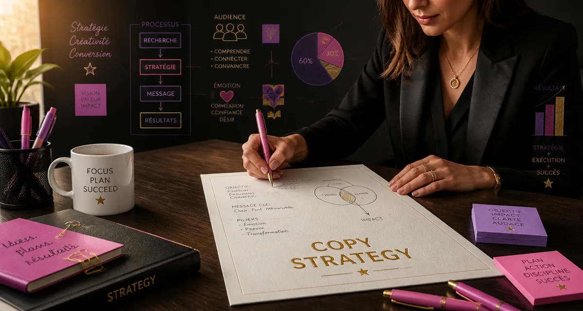 Femme écrivant copy strategies sur bureau élégant