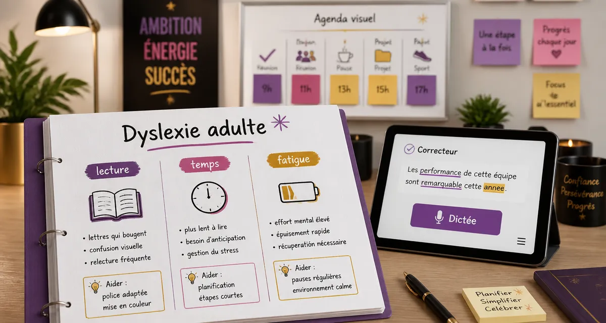 Dyslexique adulte : bureau et outils pour lecture, temps et dictée au travail