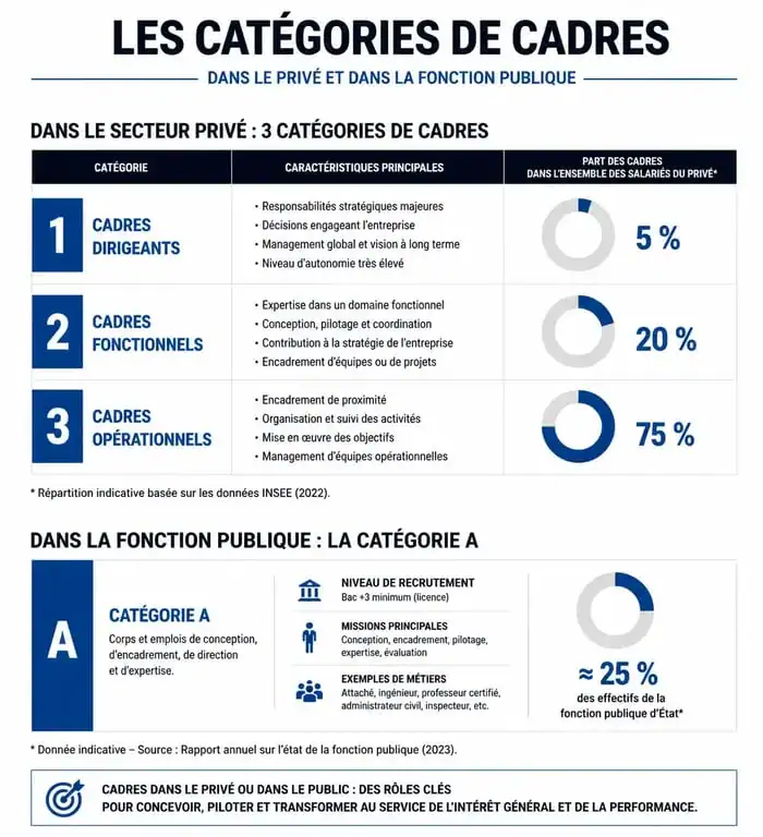 Infographie récapitulative du statut cadre en France : catégories, hiérarchie et accès au métier cadre
