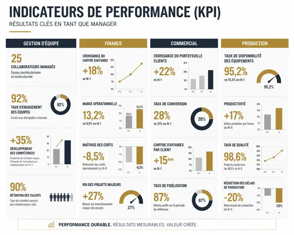 Infographie des indicateurs de performance KPI pour un CV manager efficace