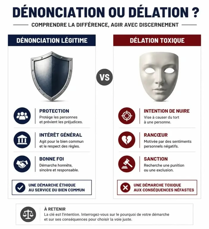 Infographie comparative entre dénonciation légitime et délation au travail pour comprendre les risques et les droits.